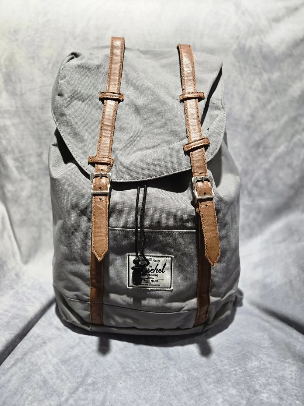 Herschel Supply Company Men’s Gray Canvas Backpack with Brown Leather Straps